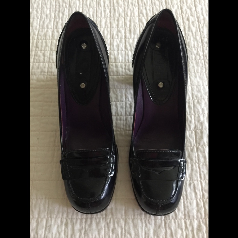 Celine vintage 3 1/2” stacked heel black loafers